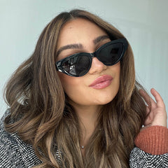 customer content - thealexaofficial les do makeup x dime optics featuring last call cat eye sunglasses with a black frame and grey polarized lenses front view