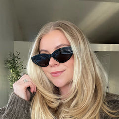 customer content - helenelane_ les do makeup x dime optics featuring last call cat eye sunglasses with a black frame and grey polarized lenses front view