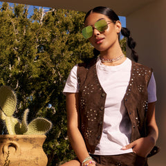 on model - female wearing dime optics encino aviator sunglasses with a gold metal frame and cyan mirror lenses front view