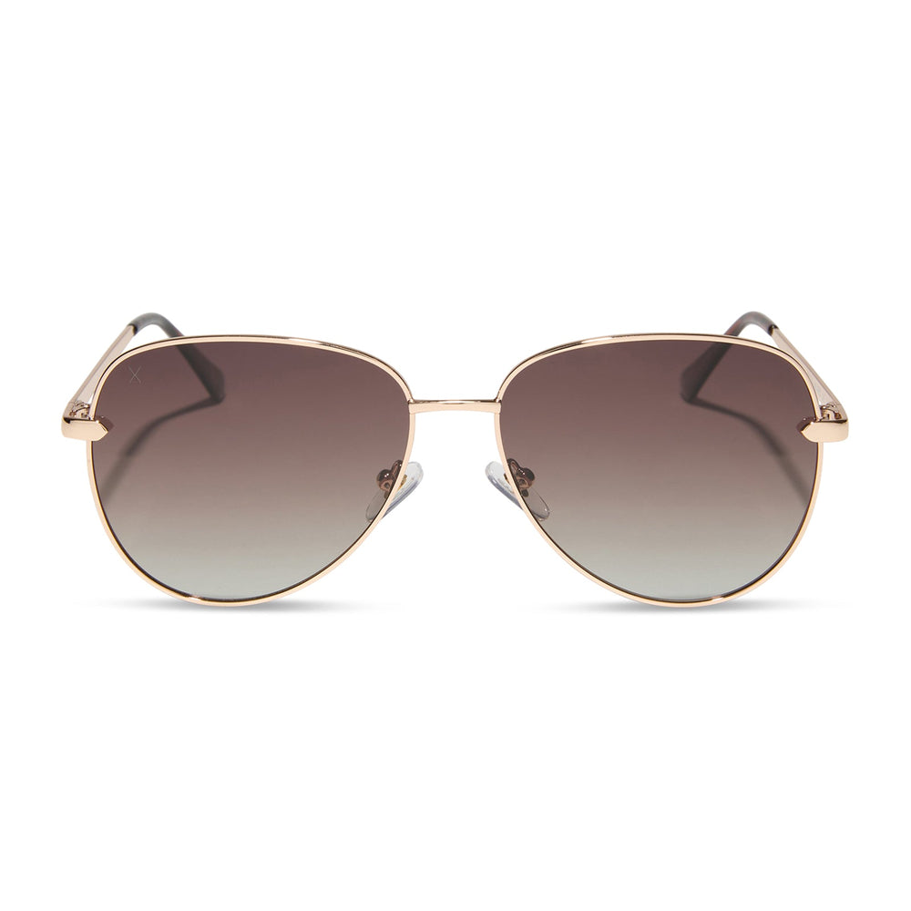 dime optics abbot aviator sunglasses with a gold frame and brown gradient polarized lenses front view