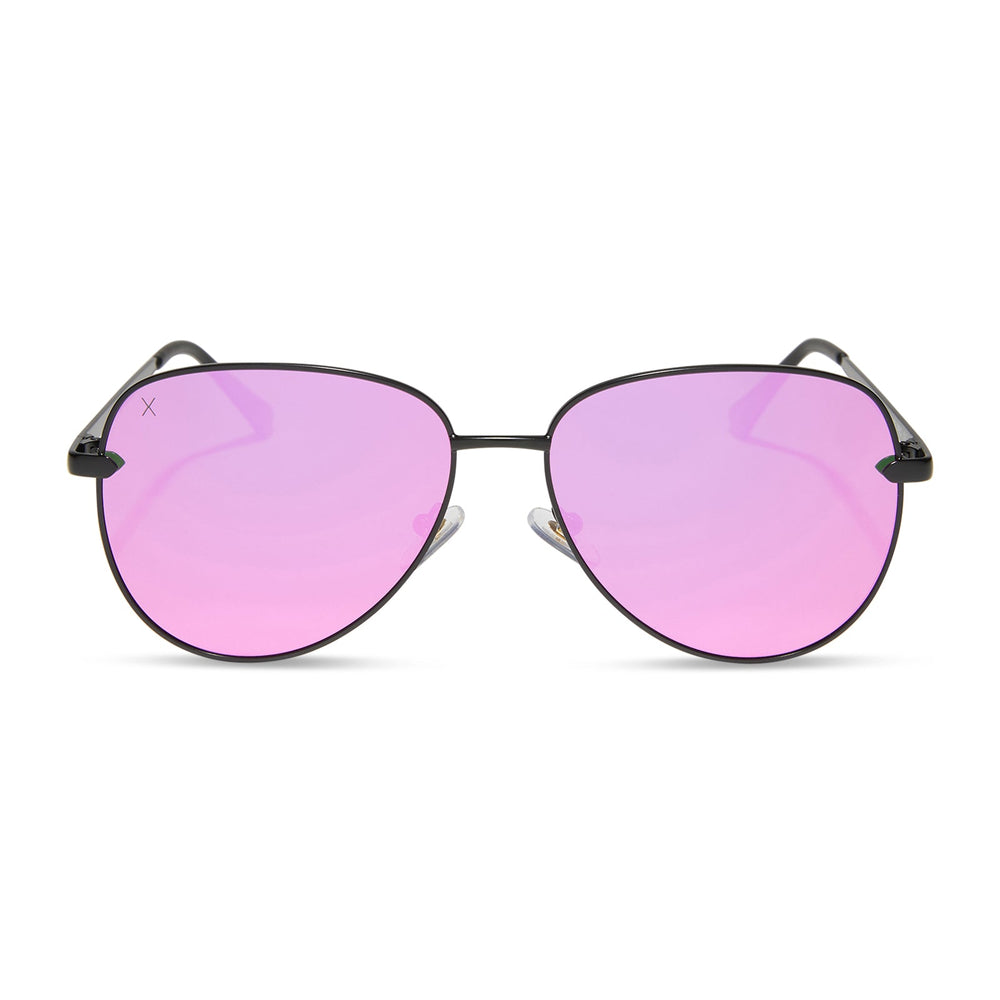 dime optics abbot aviator sunglasses with a matte black frame and pink mirror polarized lenses front view