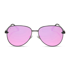 dime optics abbot aviator sunglasses with a matte black frame and pink mirror polarized lenses front view