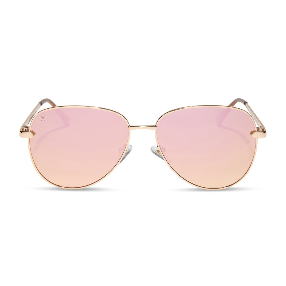 dime optics abbot aviator sunglasses with a shiny gold frame and champagne mirror polarized lenses front view