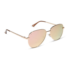 dime optics abbot aviator sunglasses with a shiny gold frame and champagne mirror polarized lenses angled view