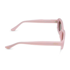 dime optics featuring the agoura rectangular sunglasses with a candy heart pink frame and brown lenses side view