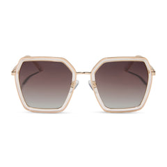 dime optics featuring the alameda square sunglasses with a gold and frosty white frame and brown gradient lenses front view