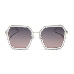 dime optics featuring the alameda square sunglasses with a silver and crystal clear frame and orchid gradient lenses front view