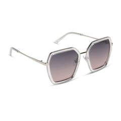 dime optics featuring the alameda square sunglasses with a silver and crystal clear frame and orchid gradient lenses angled view