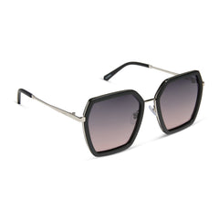 dime optics featuring the alameda square sunglasses with a silver and matte black frame and orchid gradient lenses angled view