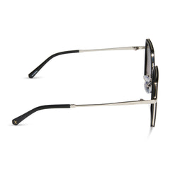 dime optics featuring the alameda square sunglasses with a silver and matte black frame and orchid gradient lenses side view