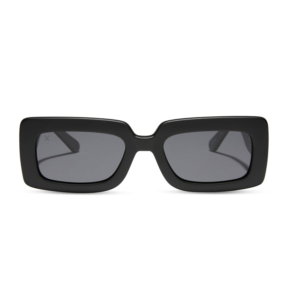 dime optics featuring the culver rectangular sunglasses with a matte black frame and grey polarized lenses front view