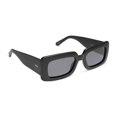 dime optics featuring the culver rectangular sunglasses with a matte black frame and grey polarized lenses angled view