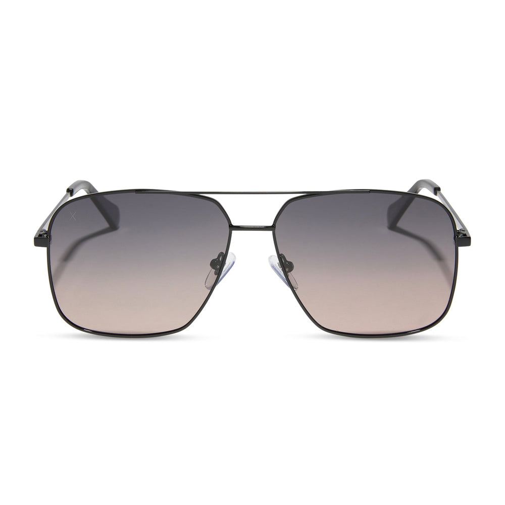 dime optics encino aviator sunglasses with a black metal frame and orchid gradient polarized lenses front view