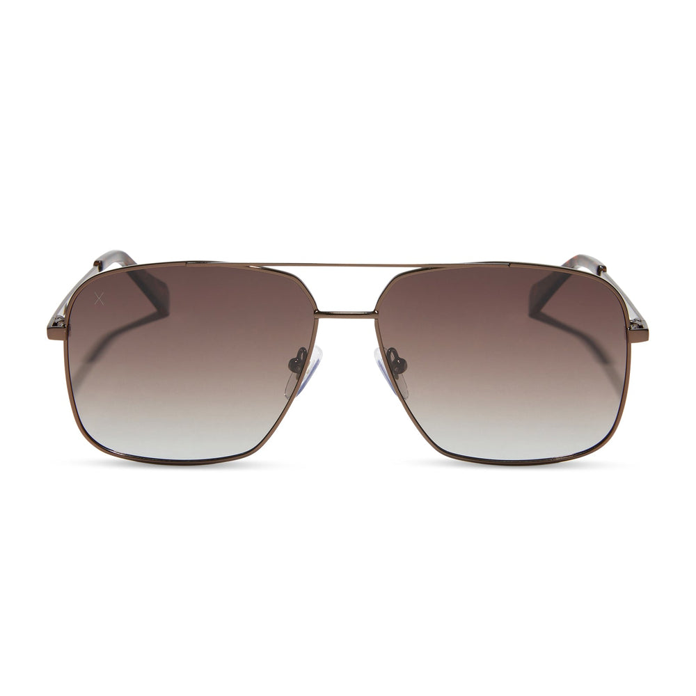 dime optics encino aviator sunglasses with a chocolate brown metal frame and brown gradient polarized lenses front view