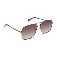 dime optics encino aviator sunglasses with a chocolate brown metal frame and brown gradient polarized lenses angled view