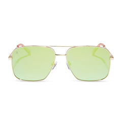 dime optics encino aviator sunglasses with a gold metal frame and cyan mirror lenses front view