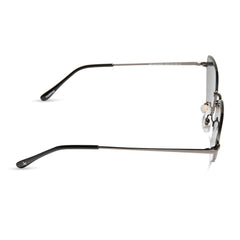 dime optics fairfax cat eye sunglasses with a shiny gunmetal frame and solid grey lenses side view