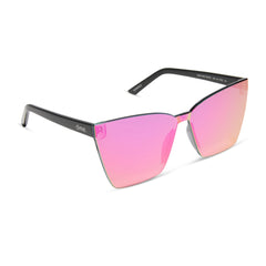 dime optics glendale cat eye sunglasses with a black frame and candy pink mirror lenses angled view