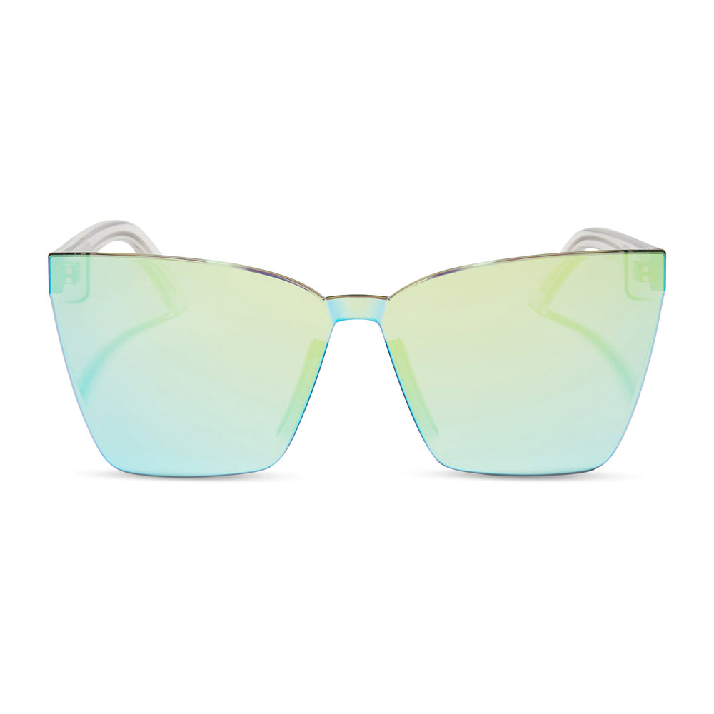 dime optics glendale cat eye sunglasses with a crystal clear frame and cyan mirror lenses front view