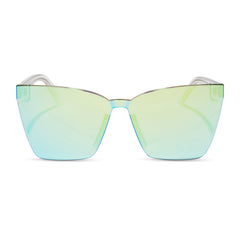 dime optics glendale cat eye sunglasses with a crystal clear frame and cyan mirror lenses front view