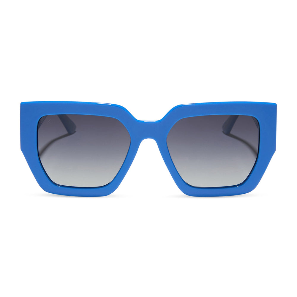 dime optics highland square sunglasses with a poolhouse blue frame and grey gradient polarized lenses front view