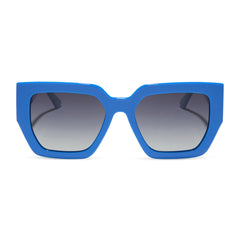 dime optics highland square sunglasses with a poolhouse blue frame and grey gradient polarized lenses front view