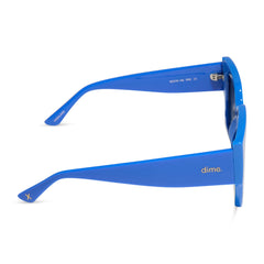dime optics highland square sunglasses with a poolhouse blue frame and grey gradient polarized lenses side view