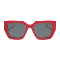 dime optics highland square sunglasses with a ruby red frame and swiss coffee grey polarized lenses front view