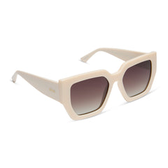 dime optics highland square sunglasses with a swiss coffee cream frame and brown gradient polarized lenses angled view