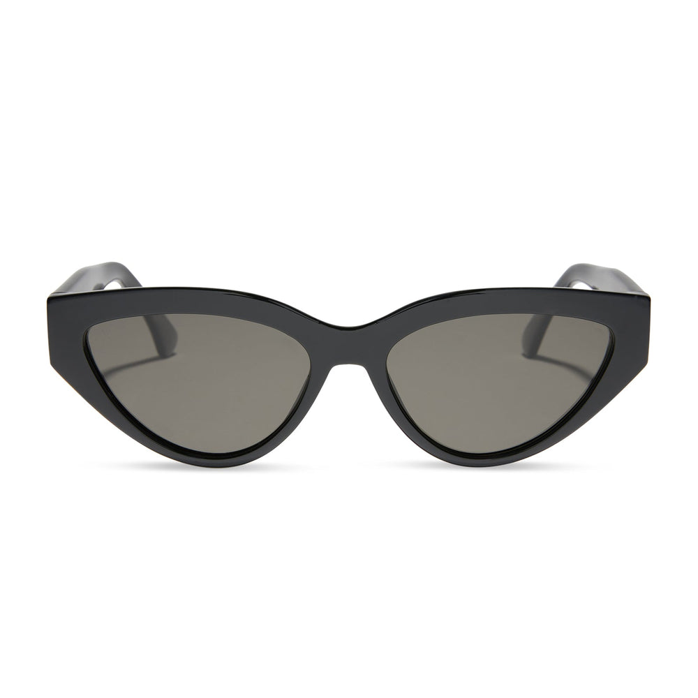 dime optics featuring last call cat eye sunglasses with a black frame and grey polarized lenses front view