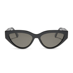 dime optics featuring last call cat eye sunglasses with a black frame and grey polarized lenses front view