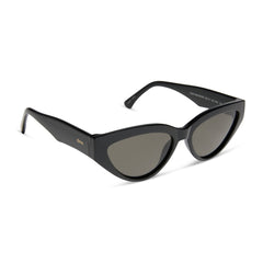 dime optics featuring last call cat eye sunglasses with a black frame and grey polarized lenses angled view