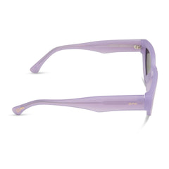les do makeup x dime optics featuring last call cat eye sunglasses with a lavender fog crystal frame and grey polarized lenses side view