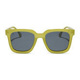 dime optics featuring the malibu square sunglasses with a valley green frame and grey polarized lenses front view