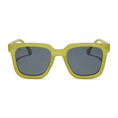 dime optics featuring the malibu square sunglasses with a valley green frame and grey polarized lenses front view