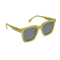 dime optics featuring the malibu square sunglasses with a valley green frame and grey polarized lenses angled view