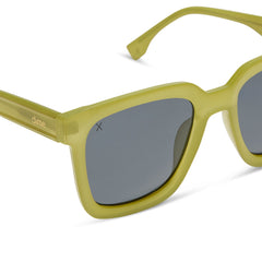 dime optics featuring the malibu square sunglasses with a valley green frame and grey polarized lenses detailed view