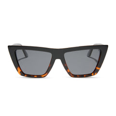 dime optics melrose cat eye sunglasses with a black tortoise frame and solid grey lenses front view