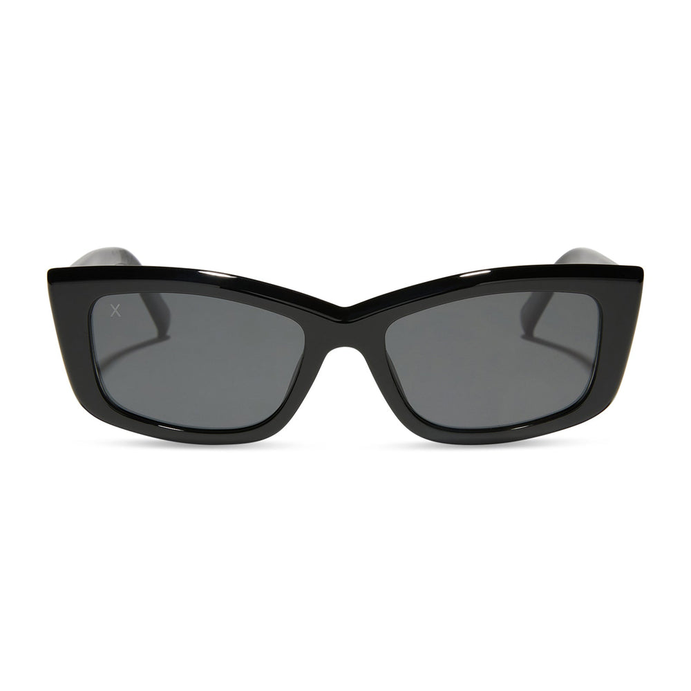 dime optics olympic cat eye sunglasses with a black frame and grey polarized lenses front view