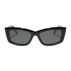 dime optics olympic cat eye sunglasses with a black frame and grey polarized lenses front view
