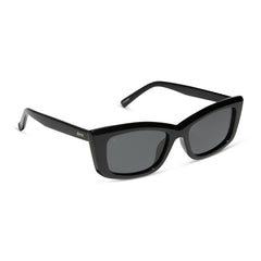dime optics olympic cat eye sunglasses with a black frame and grey polarized lenses angled view