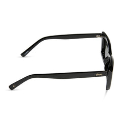 dime optics olympic cat eye sunglasses with a black frame and grey polarized lenses side view