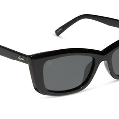dime optics olympic cat eye sunglasses with a black frame and grey polarized lenses detailed view
