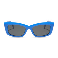 dime optics olympic cat eye sunglasses with a poolhouse blue frame and grey polarized lenses front view
