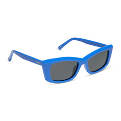 dime optics olympic cat eye sunglasses with a poolhouse blue frame and grey polarized lenses angled view
