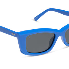 dime optics olympic cat eye sunglasses with a poolhouse blue frame and grey polarized lenses detailed view