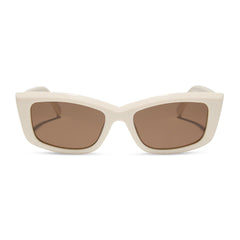 dime optics olympic cat eye sunglasses with a swiss coffee cream frame and brown polarized lenses front view