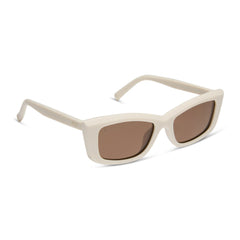 dime optics olympic cat eye sunglasses with a swiss coffee cream frame and brown polarized lenses angled view