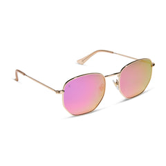 dime optics roxbury round sunglasses with a gold metal frame and candy pink mirror polarized lenses angled view