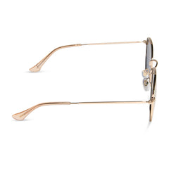 dime optics roxbury round sunglasses with a gold metal frame and candy pink mirror polarized lenses side view